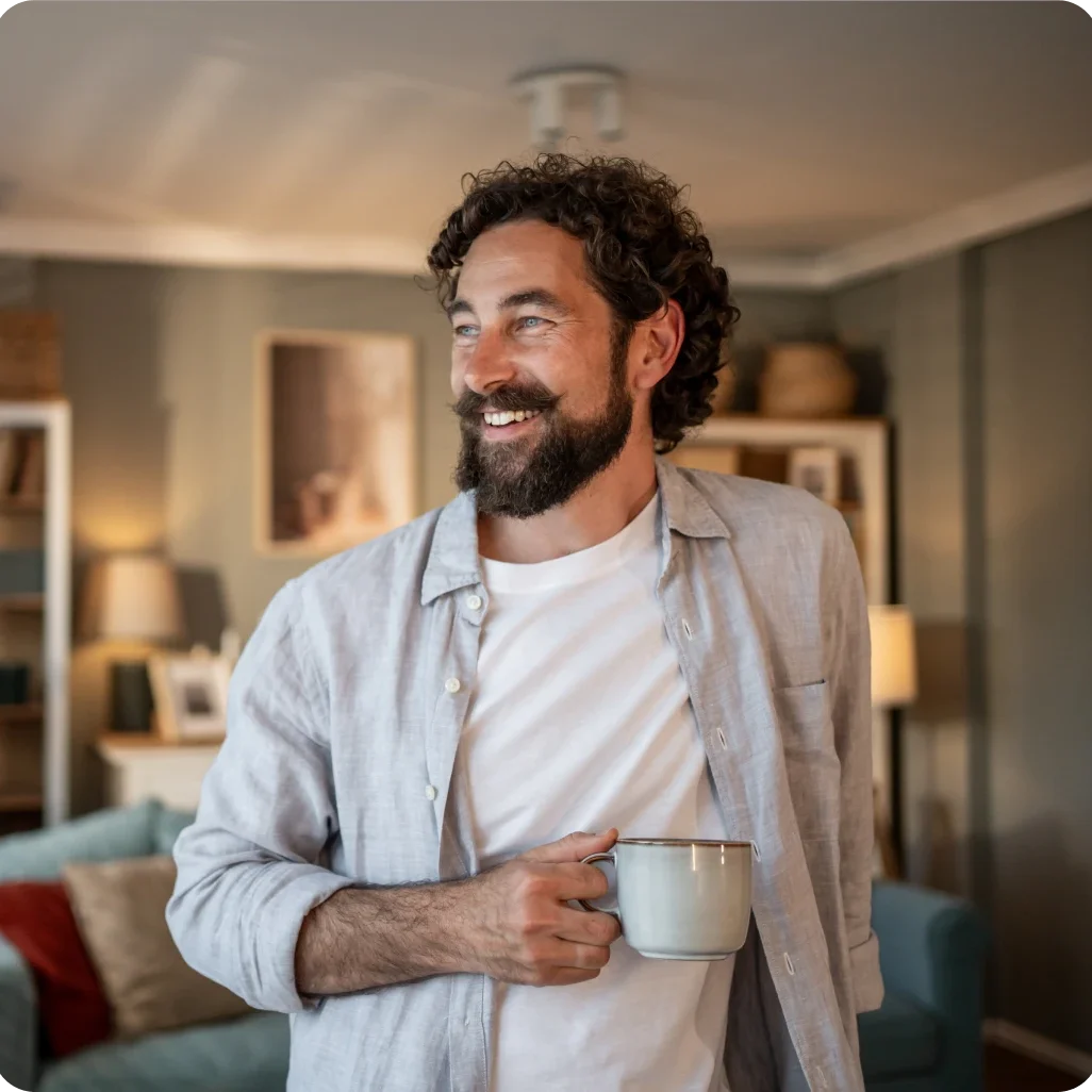 Bearded man enjoying morning coffee at home